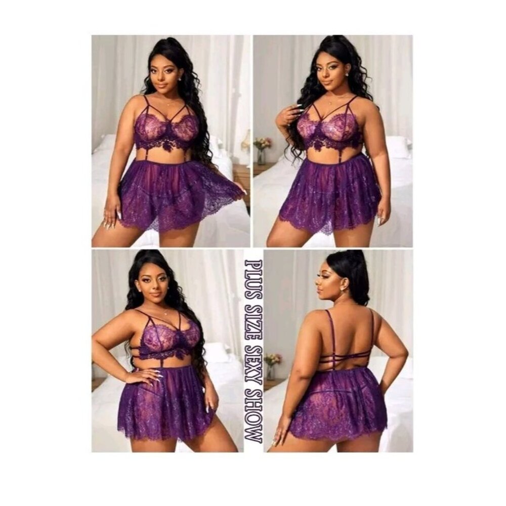Avidlove Lingerie Women 3XL Lace Babydoll Mesh Nightwear Chemise Nightie Purple - Picture 2 of 6
